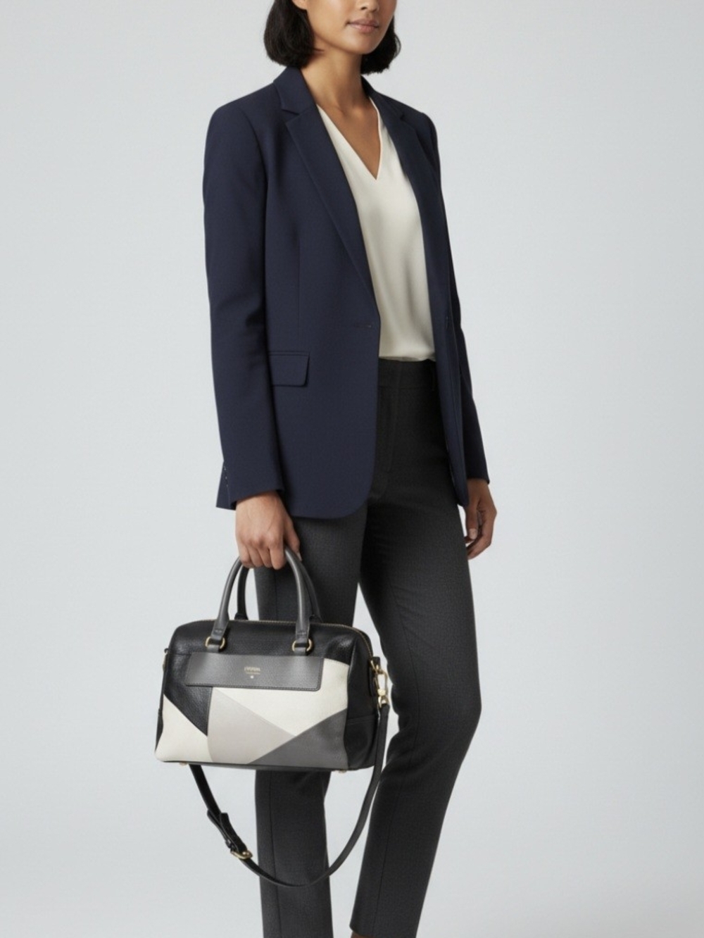 Fossil Amanda Black & Cream Geometric Satchel